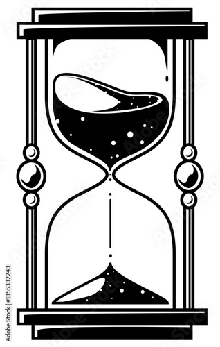 Schwarz-weiße Darstellung einer klassischen Sanduhr mit fließendem Sand. Ideal für Symbole wie Zeit, Vergänglichkeit, Achtsamkeit, Ausmalbilder, Tattoo-Vorlagen oder Retro-Designs.