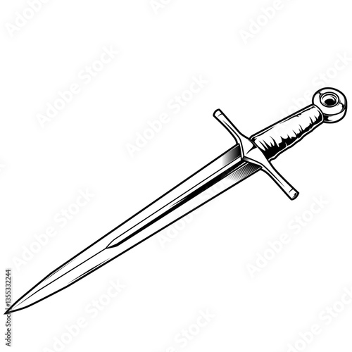 Schwarz-weiße Darstellung eines Dolchs mit Parierstange und Ringknauf. Ideal für Mittelalter, Fantasy, Ausmalbilder, historische Waffen oder Abenteuermotive.