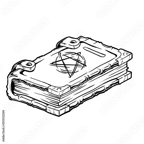 Schwarz-weiße Darstellung eines alten Zauberbuchs mit Pentagramm-Symbol. Ideal für Magie, Hexerei, Fantasy, Okkultismus, Rollenspiele, Ausmalbilder oder düstere Designs.