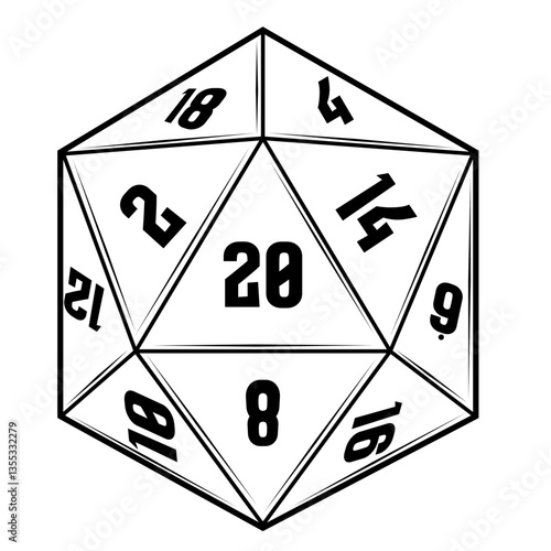 Schwarz-weiße Darstellung eines 20-seitigen Würfels (D20) mit sichtbarer „20“. Perfekt für Rollenspiele, Pen & Paper, Fantasy, Ausmalbilder oder Brettspiel-Designs.