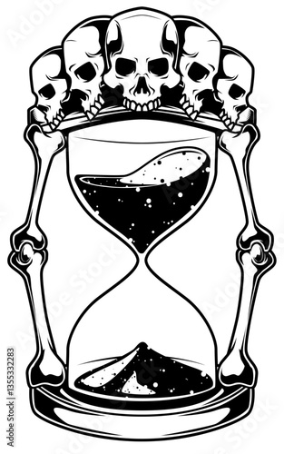 Schwarz-weiße Darstellung einer Sanduhr mit Totenköpfen und Knochen. Symbol für Vergänglichkeit, Zeit, Tod und Ewigkeit. Ideal für Tattoos, Gothic-Designs und Ausmalbilder.