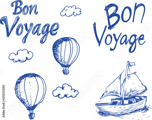 set of doodled drawings of bon voyage concept