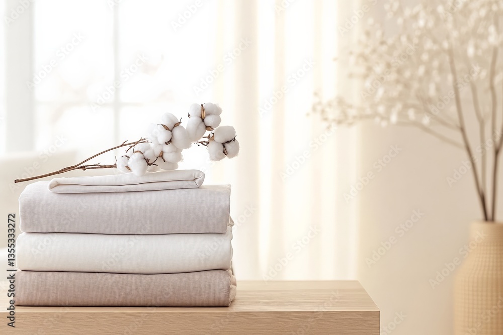 Fototapeta premium Minimalist soft home decor with cotton plants and folded linens in neutral tones