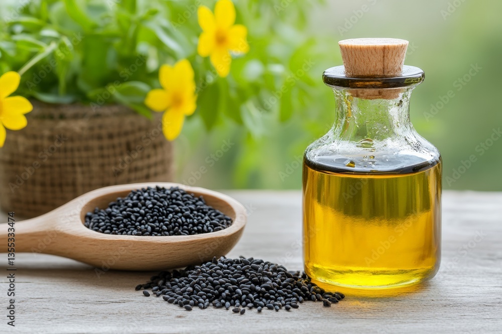 Black cumin oil in glass bottle with seeds on wooden table Black cumin oil in glass bottle with seeds on wooden table