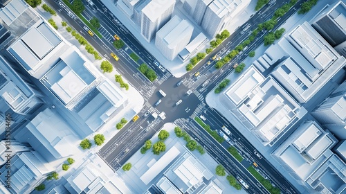 A Top-Down View of a Modern Urban City Center with High-Tech Office Buildings, Smart Roads, Autonomous Electric Vehicles, and Innovative Infrastructure