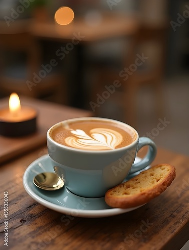 Freshly brewed hot espresso with biscotti on rustic wooden table warm cozy ambiance coffee break morning cafe vibe