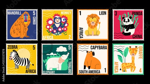 Photography Set of postage stamps with capybara giraffe, elephant, panda, zebra, lion
