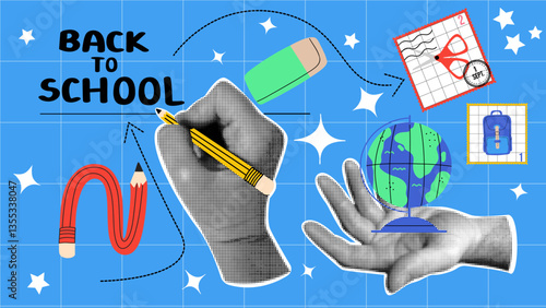 Back to school vintage collage set with hands, postal stamps and pencils. Vector illustration with halftone elements.