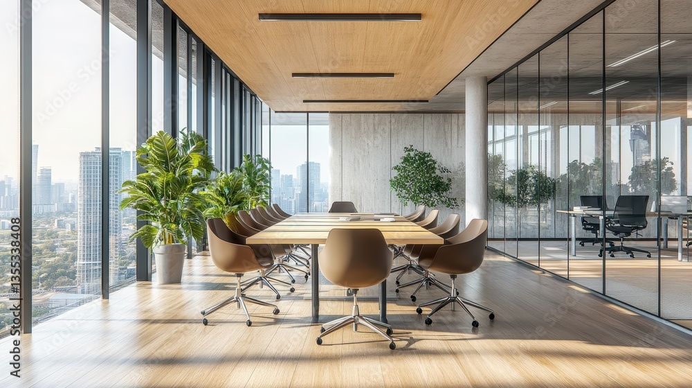 Fototapeta premium Modern Boardroom with City View Collaboration Hub.