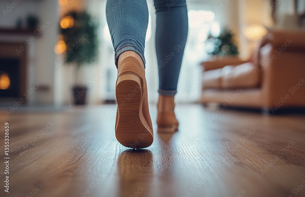 Close-Up of Woman’s Feet Walking on Wooden Floor at Home, Blurred Living Room in Background Close-Up of Woman’s Feet Walking on Wooden Floor at Home, Blurred Living Room in Background
