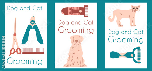 Dog and cat grooming design posters. Pet care set vector template.