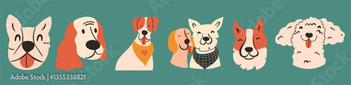 Set of different stylized hand drawn dog portraits. Funny pet faces. Vector illustration with animals