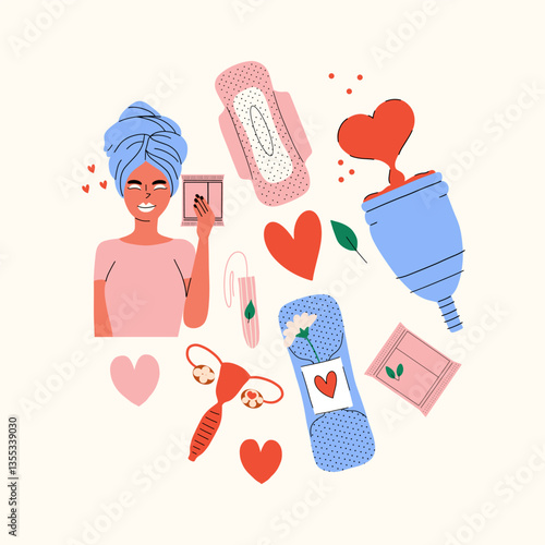 Menstrual hygiene set with a woman in a towel, pads, tampon, menstrual cup and uterus. Diversity sanitary products. Menstrual hygiene concept