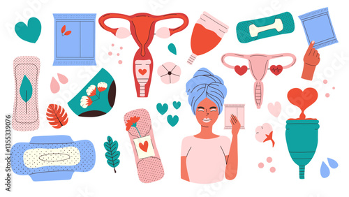 Feminine hygiene set. Menstruation, woman's health.  Pads, menstrual cup, tampon and uterus. Feminine care and body positivity concept. Hand drawn vector illustration.