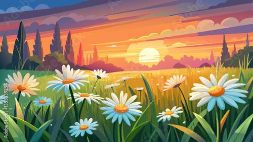 Beautiful The landscape of white daisy blooms in a field, with the focus on the setting sun. The grassy meadow is blurred, creating a warm golden hour effect during sunset and sunrise 