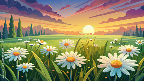 Beautiful The landscape of white daisy blooms in a field, with the focus on the setting sun. The grassy meadow is blurred, creating a warm golden hour effect during sunset and sunrise 