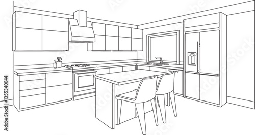Modern Kitchen Interior Design Line Art – Minimalist Home Dining Room Illustration