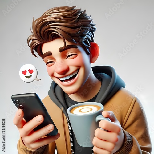 Young Man with Smartphone and Heart Icons - Smiling professional with heart visuals, symbolizing social media engagement, digital relationships, and approachable networking.