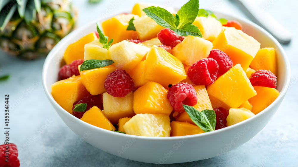A refreshing tropical fruit salad with mangoes, papayas, and pineapples, ideal for a summer picnic. A refreshing tropical fruit salad with mangoes, papayas, and pineapples, ideal for a summer picnic.
