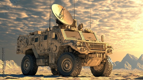 Desert Patrol Armored Vehicle with Satellite Dish at Sunset.