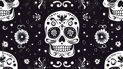 Day of the Dead Sugar Skull Seamless Pattern on Black.