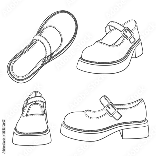 Set of black and white illustrations with women shoes. Isolated vector objects on white background.