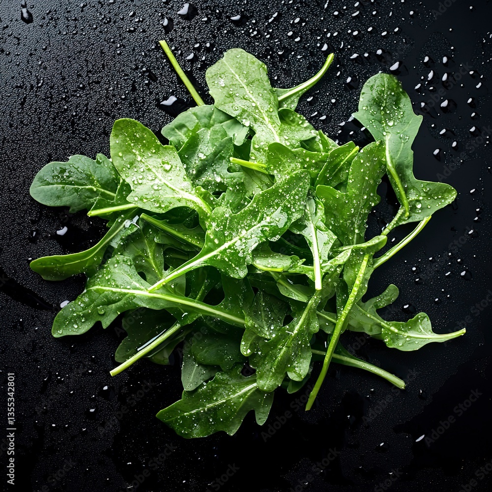 custom made wallpaper toronto digitalArugula in artistic shot on glossy black surface with water droplets, sharp contrasts, vibrant green hues, and sleek, contemporary food styling.