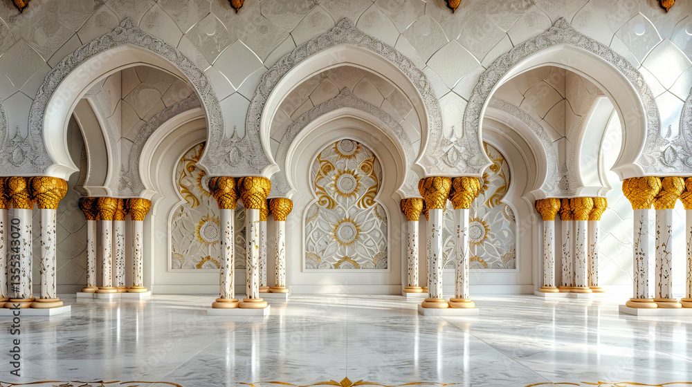 Fototapeta premium Elegant Grand Mosque Interior Architecture White Gold Pillars Arches Islamic Design Luxurious Palace Marble Floor Ornate Details 