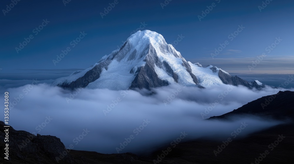 Fototapeta premium Majestic mountain peak piercing through a sea of clouds. A breathtaking vista of a snow-capped mountain rising above a thick layer of fog