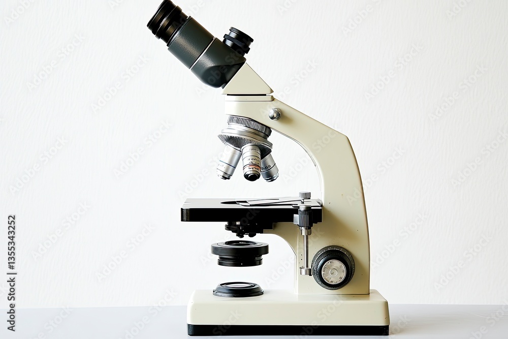 Microscope with metal lenses in a scientific laboratory. Microscope with metal lenses in a scientific laboratory.