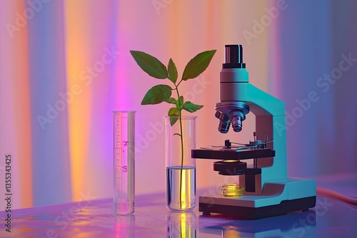 Microscope and young plant in laboratory test tube, scientific research, biochemistry, biotechnology concept.