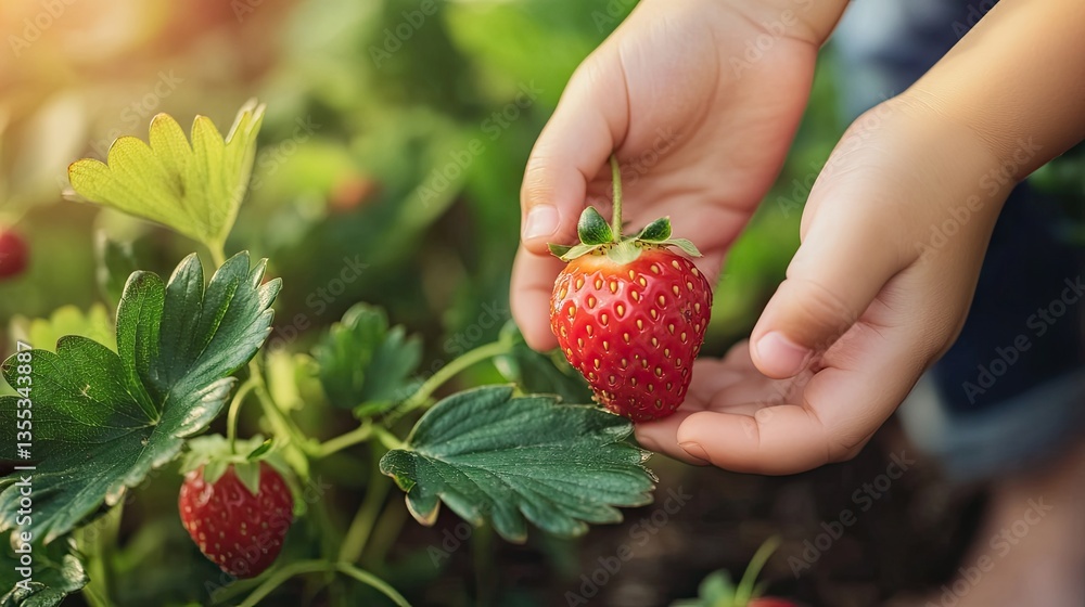 Obraz premium Hands gently picking ripe strawberries from lush green plants un