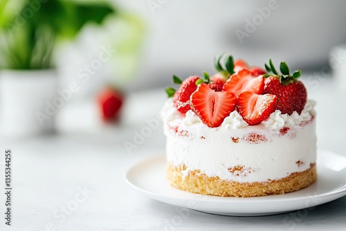 Delicious cake topped with fresh strawberries, showcasing creamy