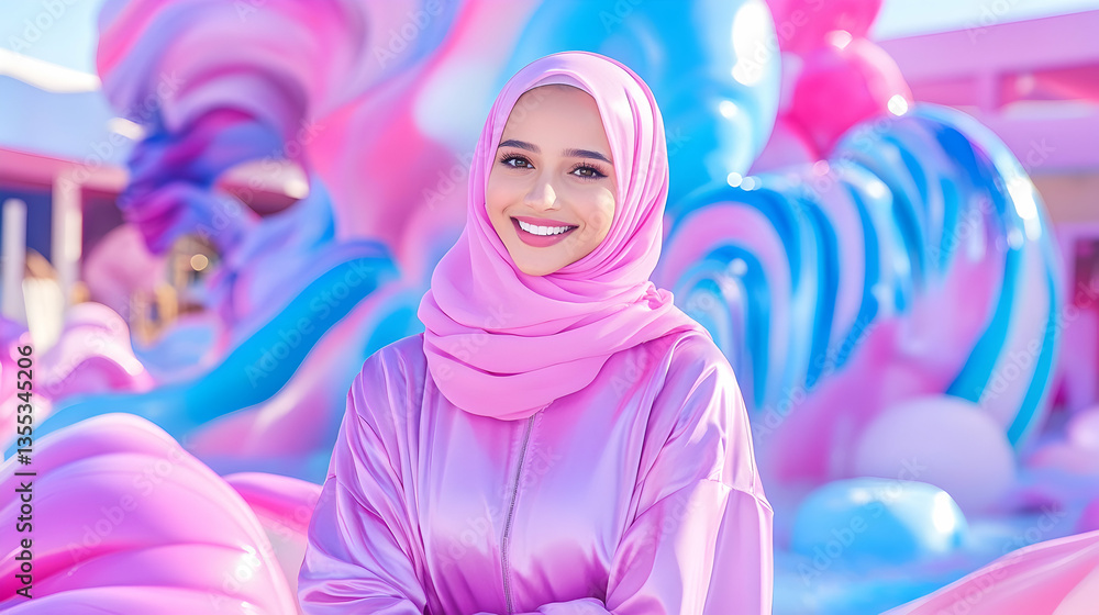 Fototapeta premium Woman in Pink Hijab, Candy-Colored Park