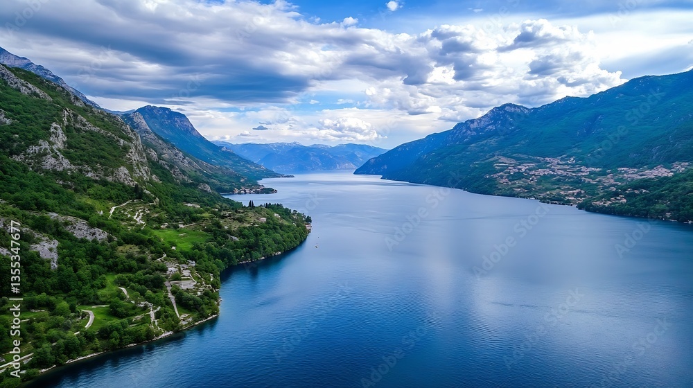 Stunning aerial view of serene lake surrounded by lush green mountains under a bright blue sky : Generative AI Stunning aerial view of serene lake surrounded by lush green mountains under a bright blue sky : Generative AI