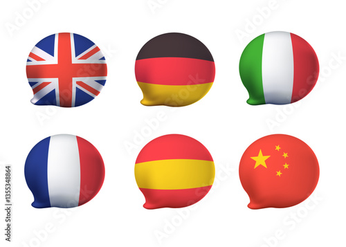 Flags with speaking bubble set. Languages translation concept, online translator. English, germany, italian and spanish, french and chinese flags set. Translation or language courses concept