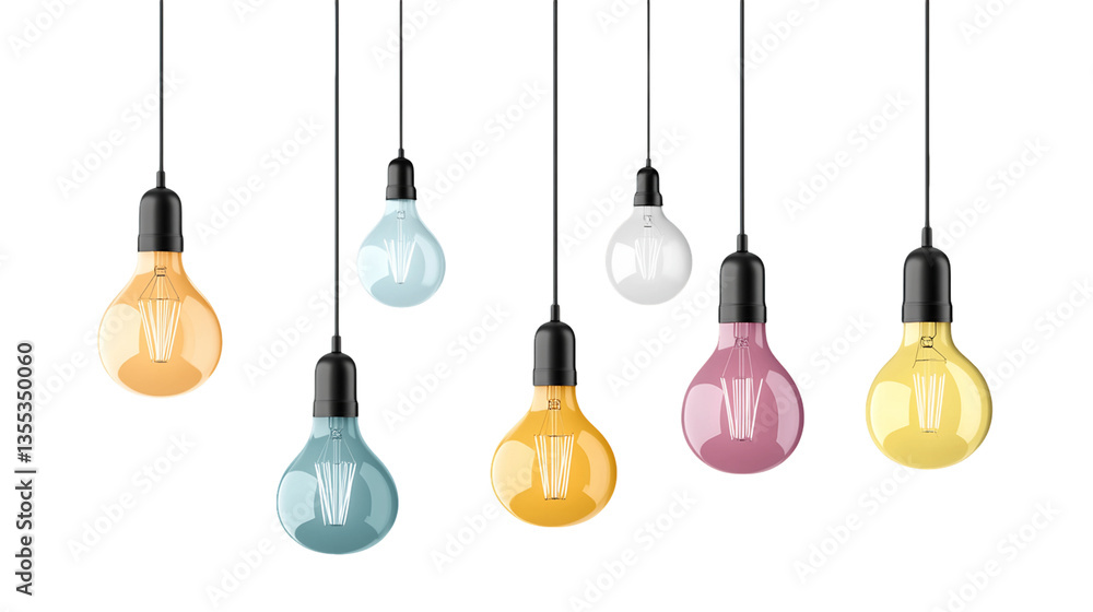 Naklejka premium Seven Pastel Light Bulbs Hanging Against Transparent Background, PNG