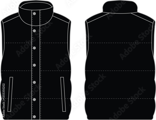Black Blank Puffer Vest Flat Sketch | Fashion Technical Drawing