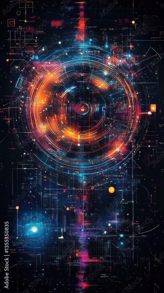 Obraz premium Abstract digital art, swirling colorful circle, futuristic background, technology concept