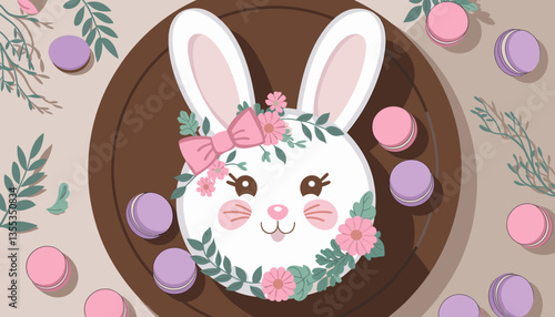 Vector illustration of a decorative Easter cake shaped like a bunny, surrounded by colorful macarons
