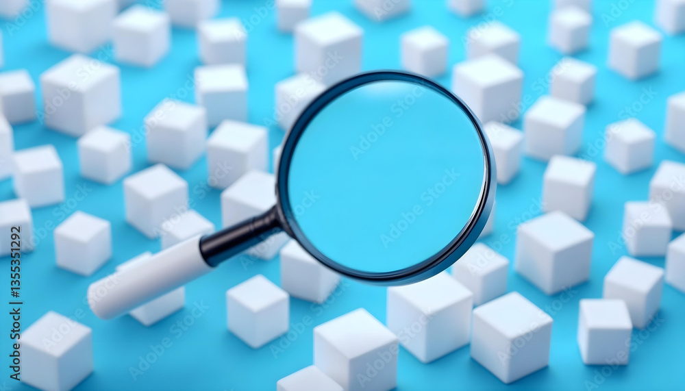 Magnifying glass, white cubes, blue background, search concept, minimalist design Magnifying glass, white cubes, blue background, search concept, minimalist design