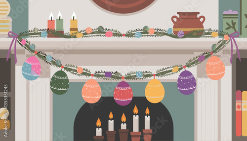 Traditional Easter egg garland with colorful eggs and greenery adorning a mantle with candles