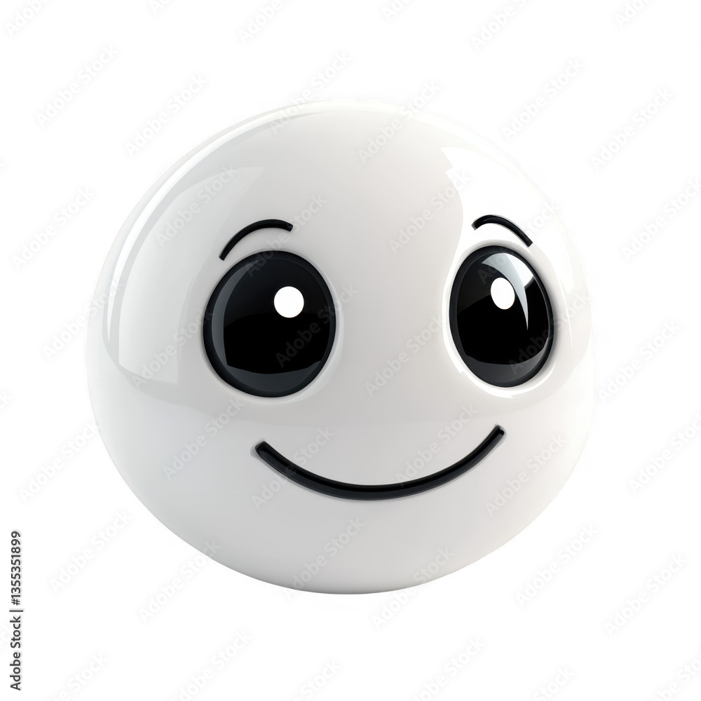 Fototapeta premium Smiling white emoji with big black cartoon eyes on white