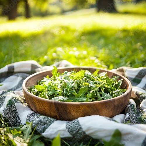 Wallpaper Mural Arugula salad on picnic blanket in park with soft sunlight, vibrant colors, wooden bowl, lush greenery, and cheerful, relaxed outdoor ambiance. Torontodigital.ca