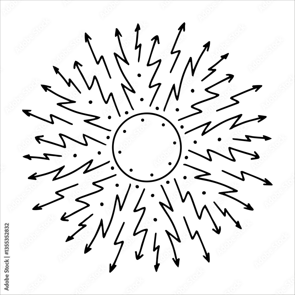 Obraz premium Hand drawn sun with lightning beams in doodle style. Abstract sun with thunderstorm energy isolated on white background. Concept of sun as power, electricity, and force in artistic line art. Arrows