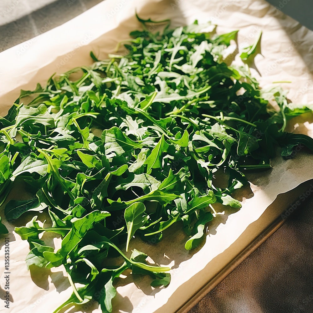 custom made wallpaper toronto digitalArugula spread out on parchment paper for drying under bright sunlight, warm hues, crisp textures, soft reflections, and rustic, homemade feel.