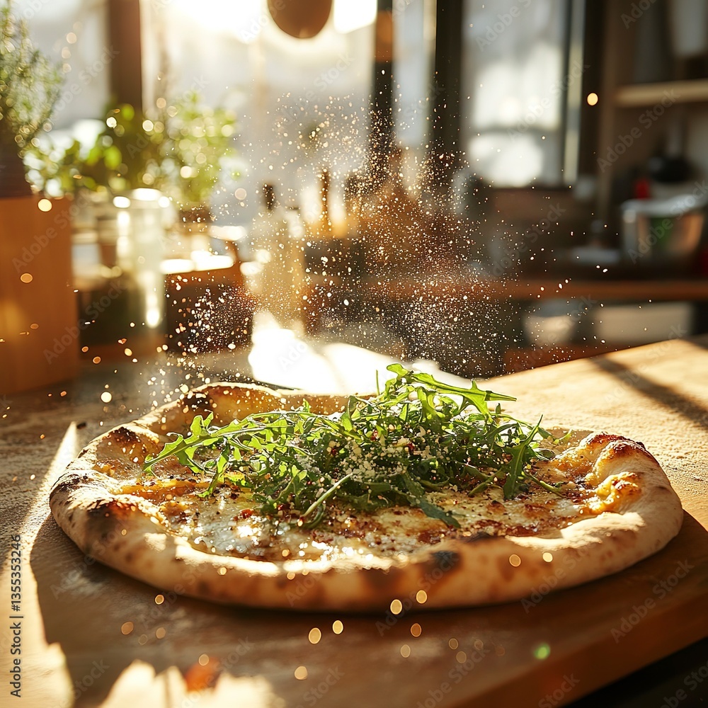 custom made wallpaper toronto digitalArugula sprinkled on gourmet pizza in vibrant kitchen with sunlight streaming through windows, warm gold palette, steam effect, and joyful, cozy atmosphere.