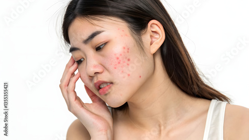 Dermatology, scratch asian young woman, girl face worry and itch, itchy allergy, allergic sensitive reaction, red spot or rash on face. Beauty care from skin problem treatment, isolated on background.