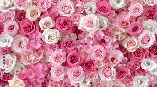 Blooming Pink Rose Flower Wall Romantic Backdrop.