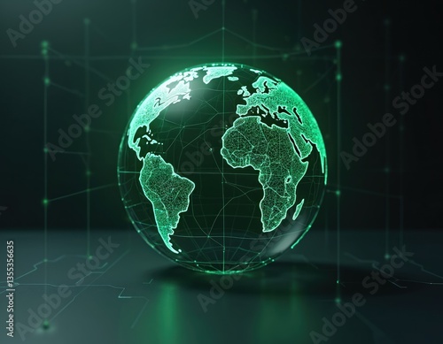 Futuristic digital globe with green network connections on dark background. Glowing earth planet sphere represents global connectivity cyber technology data visualization.